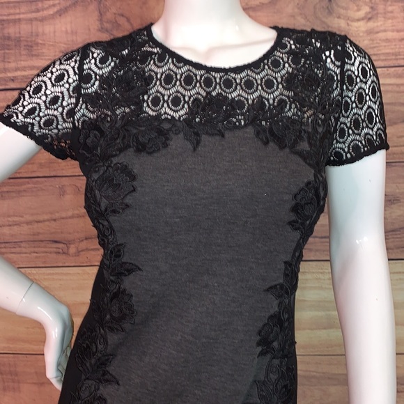Truly Poppy black grey panel crochet lacey dress formal flower stitch fix M MD - Picture 6 of 17